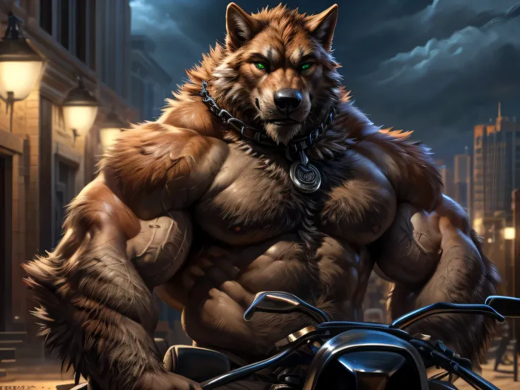 Werewolf, orange fur, bitone, white chest fur, black beard, green eyes, realistic eyes, posted on e621, furry body, anthro body, anthro werewolf, claws on hands, werewolf, solo, male, adult, masculine, (very muscular, large muscles, buff:1.2), correct anat...