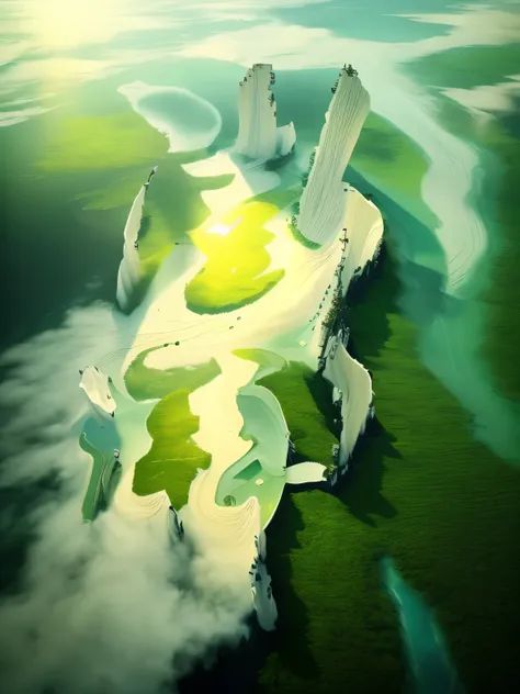 Aerial View，white,green,(Rivers:1.4),(oceans:1.3),great rivers,rivers,mountains,and rivers,Temples,peaks,mountains (masterpiece:1.2),best quality,masterpiece,highres,original,extremelydetailed wallpaper,perfect lighting,(extremelydetailed CG:1.2),drawing,p...