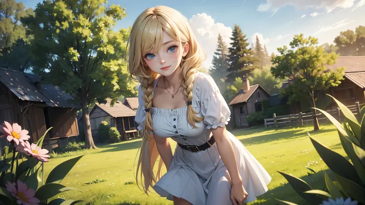 ((masterpiece,best quality,ultra detailed,ultra high res,detailed country yard background)), soft realistic focus, dynamic shadows, realistic image, vibrant colors,light leaks,dreamy atmosphere,chiaroscuro,BREAK 
experimental charm, The girl is depicted in...