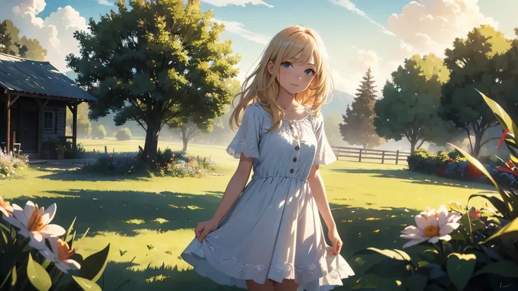 ((masterpiece,best quality,ultra detailed,ultra high res,detailed country yard background)), soft realistic focus, dynamic shadows, realistic image, vibrant colors,light leaks,dreamy atmosphere,chiaroscuro,BREAK 
experimental charm, The girl is depicted in...