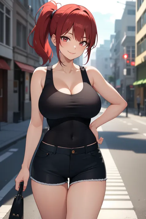 (best quality:1.5, highres, UHD, 4K, detailed lighting, shaders, perfect hand anatomy), dark red ponytail, large breasts, thighs, crotch, sexy, smiling, white tank top, shorts, standing, street background, pov