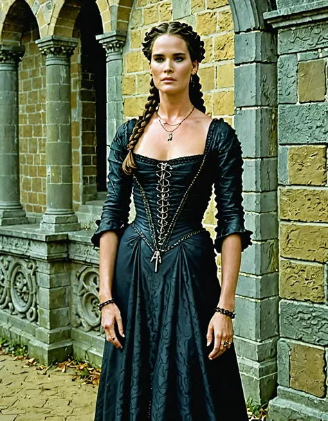 dark Fantasia, middle-aged brunette woman with a braid over her shoulder, lembrando Brooke Shields e Jennifer Lawrence, Medieval aesthetics, Fantasia, Doutor, vestido ombro a ombro em camadas