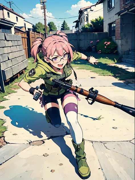 1girl, solo, solo focus, (hoodie, biker shorts, tactical vest, tactical boots), thighhighs, ((using weapon, using gun, using grenade launcher, using rpg7)), open mouth, wacky face, smile, :d, (pink hair, dark purple eyes, twintails, glasses)