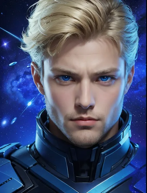 A handsome man. Late twenties. Blonde hair and blue eyes. The man is looking at the camera with a serious expression. The man wears a blue-black metallic combat uniform. An image of a multidimensional universe in space behind him.