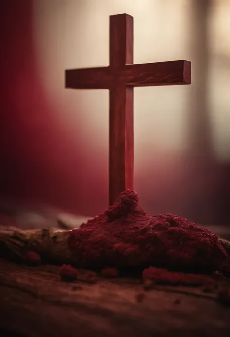 A wooden cross on burgundy red textured background. 8.5 x 11 inch