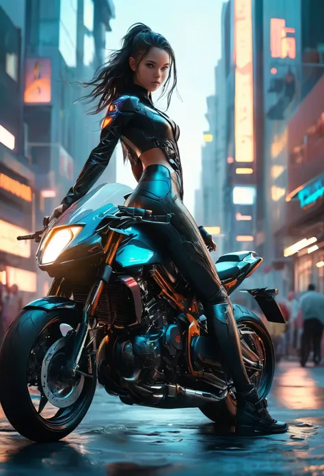 {{a breathtakingly beautiful woman racing at breakneck speed atop a high-performance motorcycle in a hyper-realistic cyberpunk s...