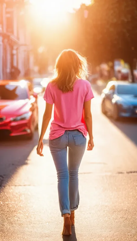 A vision flow of a beautiful woman walking down a street, her pink t-shirt and faded blue jeans illuminated by the sun, a red car passing in the background, and a world of shimmering light.  