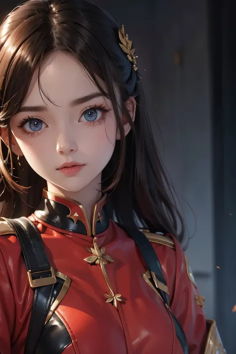 Upper body close-up image。Beautiful woman。pale brown hair。she is wearing a red battle uniform。she has a defiant look on her face、looking directly at the camera。She stands in a wasteland reminiscent of Mars.。
