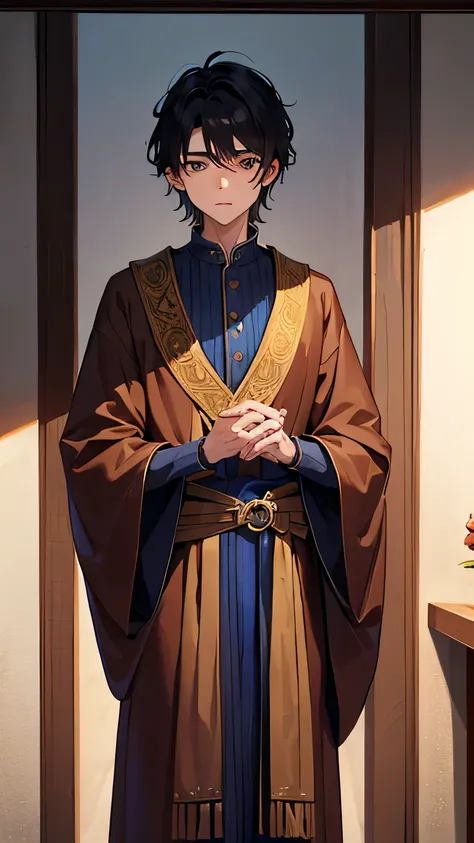 young male traveler Wears a brown robe with blue stripes, an ancient outfit, is a mysterious magician, has short, thick black hair, has a good figure, good looks, looks kind.