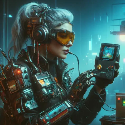 cyberpunk world, middle-aged woman, futuristic clothes, mechanical arm, mask and technical glasses, cables, leds, playing on old...