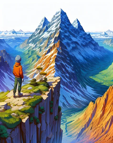 a man standing on a cliff overlooking a valley with mountains in the background, looking at the mountains, cyril rolando and goro fujita, a wanderer on a mountain, inspired by Cyril Rolando, cyril rolando and m.w kaluta, cyril rolando and m. w kaluta, jim ...