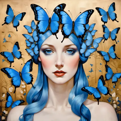 a painting of a woman with blue butterflies on her head, an art deco painting by lucette barker, behance, figurative art, pre-ra...