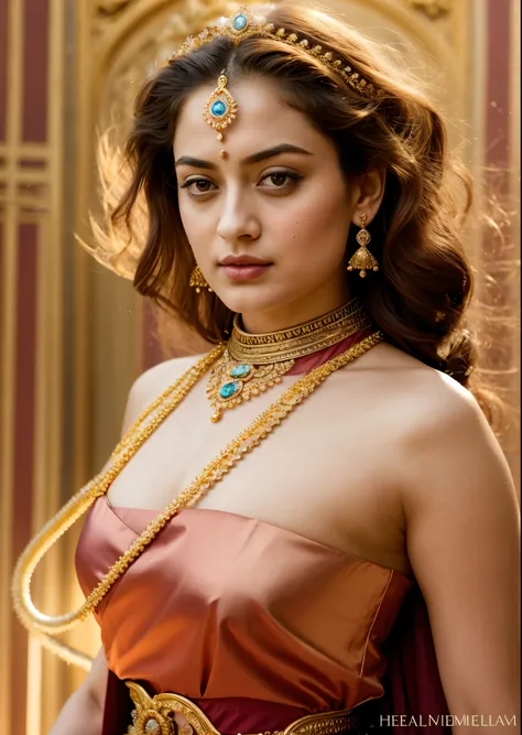 Looks like Sandeepa Dhar, "Design an illustration of a stunning and powerful warrior queen with a regal presence. She should possess a combination of strength and grace. Imagine her in ornate, yet practical armor that complements her figure. The armor shou...