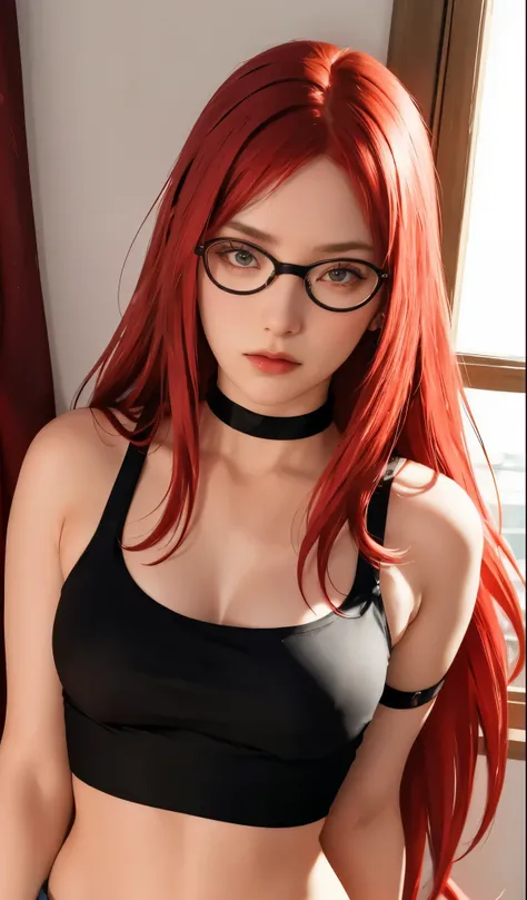 (masterpiece, best quality, 1girl, solo, intricate details, chromatic aberration), realistic, ((medium breath)), single braid red hair,  red eyes, glasses, earrings, sharp eyes, pink lips, choker, neon shirt, open jacket, crop top, (symmetry eyes),(perfect...