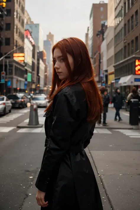 aestehetic 4k photo taken in new york, red hair girl standing back, cant see her face