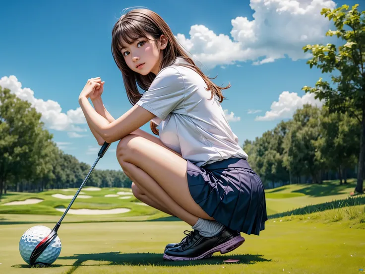 girl playing golf、squatting down and reading the grass、resort golf course，mini skirt、refreshing breeze