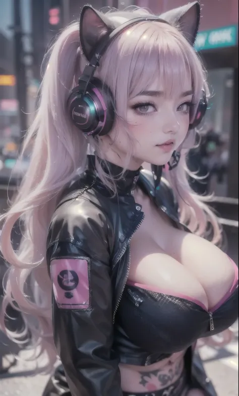 (8k, RAW photo, photorealistic:1.25) ,( lipgloss, eyelashes, gloss-face, glossy skin, best quality, ultra highres, depth of field, chromatic aberration, caustics, Broad lighting, natural shading,Kpop idol cyberpunk girl, very long pink hair in pigtails, mo...