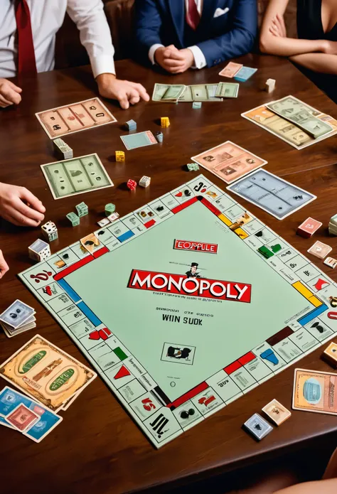 retro board game, supermonopoly, people playing monopoly, game lies on table, people sitting around, laughing and arguing, realistic photo