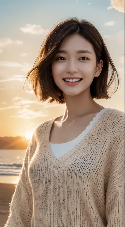 masterpiece, highest quality, official art, Highly detailed CG Unity 8k wallpaper, single girl, ultra high resolution, (realistic: 1.4), golden hour lighting, sweater dress, (Upper body), (K-POPアイドル), (attractive: 1), (platinum short hair: 0.8), ((puffy ey...