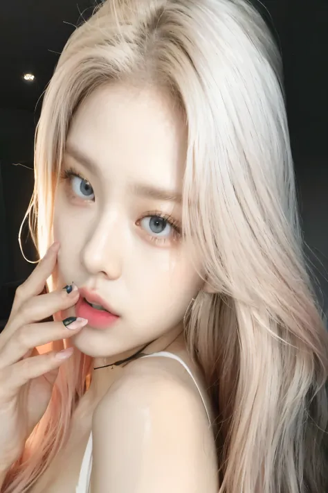 un primer plano de una persona con el pelo rosa y un anillo, portrait of jossi de blackpink, parque roseanne de blackpink, maqui...