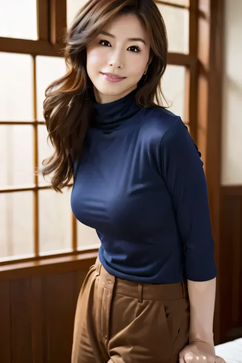 (highest quality, 8K, 32k, masterpiece, UHD: 1.2), cute japanese women pictures, 1 girl, profile, (big), (tall woman), (abs, slim body shape: 1.2), (lips), (dark brown medium short hair), dark blue ribbed turtleneck, No sleeve, big Buttocks Protruding, Lan...