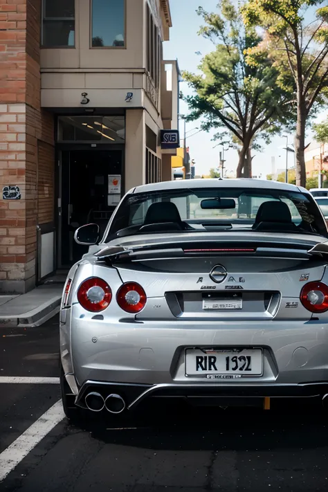 A silver R34 Nissan Skyline GT-R, with a blue and white sticker on the hood, parked in a parking lot, in front of a brick building with a sign that says "Yoshinoya".