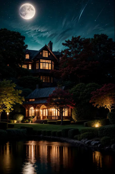 Close-up of house window, giant luminous rose at the houses heart, flowing gown fabric, obscured women silhouette, reflections of moonlight, intricate botanical carvings on the houser, otherworldly garden, pale color palette, (epic night sky), ray tracing,...