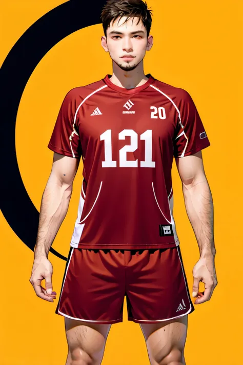 create a uniform for a men&#39;s volleyball team with the following characteristics:
A men&#39;s short-sleeved t-shirt with an aggressive geometric pattern in red and black. O vermelho pode ser dominante na parte superior, gradualmente se misturando com o ...