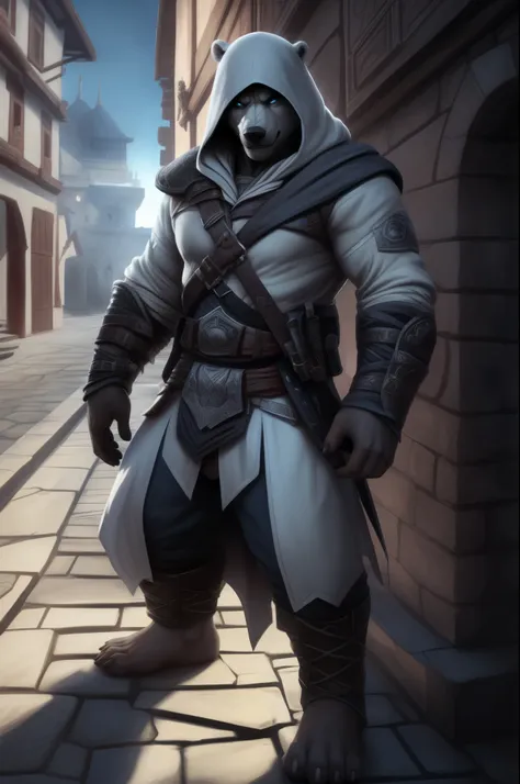 (((barefoot furry character, full body, cinematic setting, male))) brawny polar bear suited as assassin, assassin's creed, ((bla...