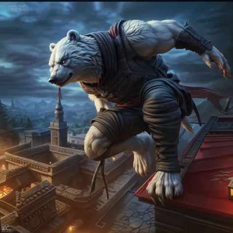 (((Barefoot furry character, full body, cinematic setting, male))) brawny polar bear suited as assassin, Assassins Creed, ((black assassin suit with hood)), jump from roof, wrist blades, ((using hidden blades)), BREAK, detailed background, 8K, (masterpiece...