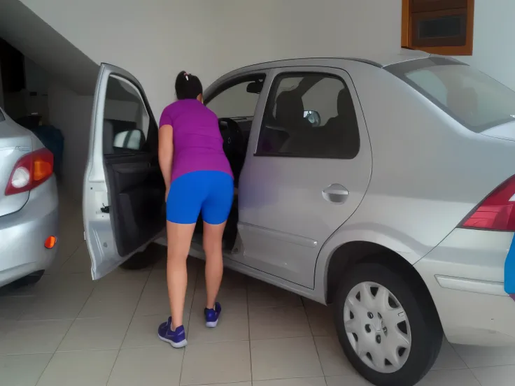 woman in blue shorts and purple shirt opening a silver car, rear-shot, fit, rear shot, pov photo, full car, manual, side shot, sports car in the room, foto, sport, gogo : :, car, car, detailing, beto val, a car, tight fit. She is 155 cm tall and around 40 ...