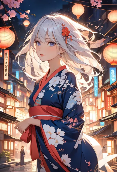 This is an illustration of an anime girl with a perfect hourglass figure, white hair and tanned Japanese skin in a new and vivid pose. She is wearing a kimono with graceful curves that reflect the golden ratio, adorned with a contemporary design that signi...