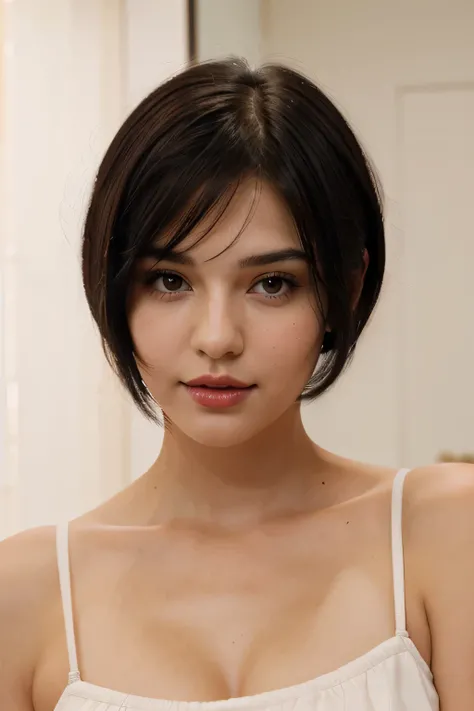 a white woman with short black hair, brown eyes, a beautiful face with slightly pink cheeks and a sweet look, with red lips, being able to the camera