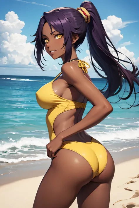 absurdres, high res, ultrasharp, 8K, {masterpiece}, expressive eyes, extremely detailed, best quality, perfect face, yoruichi shihouin, long hair, (yellow eyes:1.5), ponytail, purple hair, dark skin, dark-skinned female, large breasts, pleased, beach, mono...