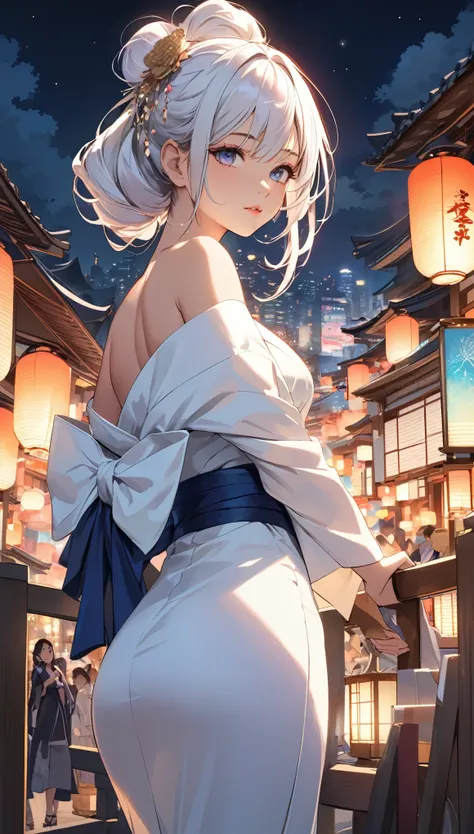 This is an illustration of an anime girl with a perfect hourglass figure, white hair and tanned Japanese skin in a new and vivid pose. She is wearing a kimono with graceful curves that reflect the golden ratio, adorned with a contemporary design that signi...