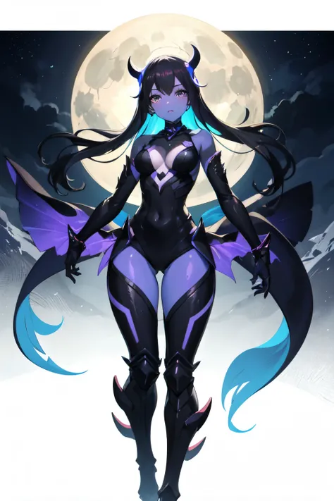 deep sea, kaiju girl, bleu eyes, , drawn art , purple and black skin, moonlight