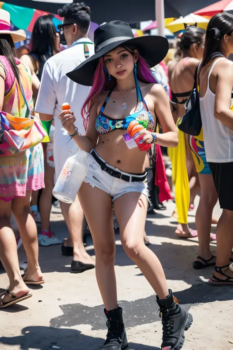 araffe woman in a black hat and white shorts holding a bottle of water, * colour splash *, festival vibes, revellers, full body potrait holding bottle, colour splash, festival of rich colors, raver girl, carnaval de barranquilla, colors of jamaica, uhd can...