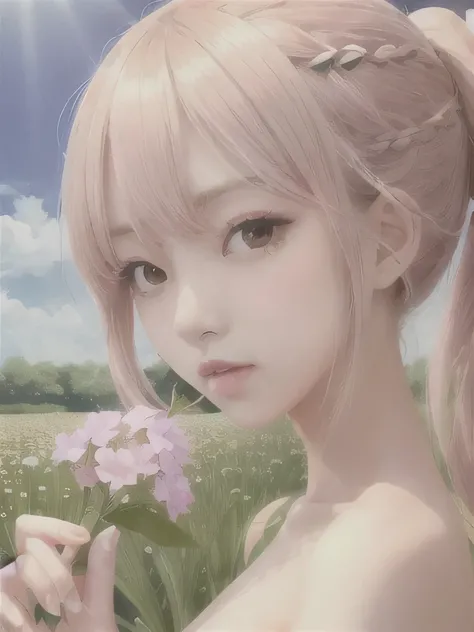 1 girl, alone, naked legs, flower, long hair, null, dress, flower petals, outdoor, holding, holding flower, cloud, pink hair, Wind, field、Small breasts、close up of face、16K、She is the flower spirit、flower decoration、、Braid、flower headband、ponytail、Now nake...