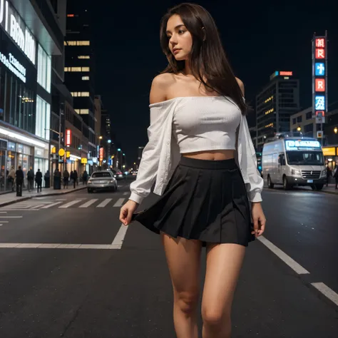 full-body photography of 21 year old young woman, dark brown hair tight hairstyle in the back, black low waist skirt, belly_button, (hips and groin showing), building, city, cityscape, hair_between_eyes, jacket, looking_at_viewer, night, off_shoulder, outd...