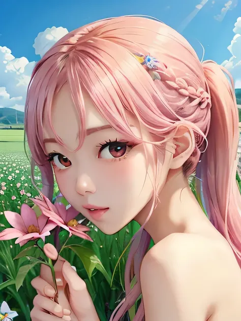 1 girl, alone, naked legs, flower, long hair, null, completely naked, flower petals, outdoor, holding, holding flower, cloud, pink hair, Wind, field、Small breasts、close up of face、16K、She is the flower spirit、flower decoration、、Braid、flower headband、ponyta...