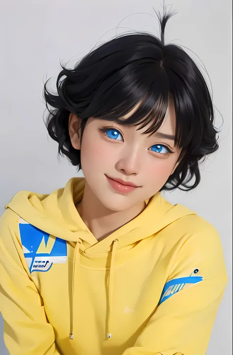 Turns every photo work art ,of a woman with long black hair and a pink shirt, she has a distant expression, semi realistic anime, in an anime style, semirealistic anime style, she has black hair, in anime style, (blue eyes:1.3), blunt bangs ,Uzumaki Himawa...