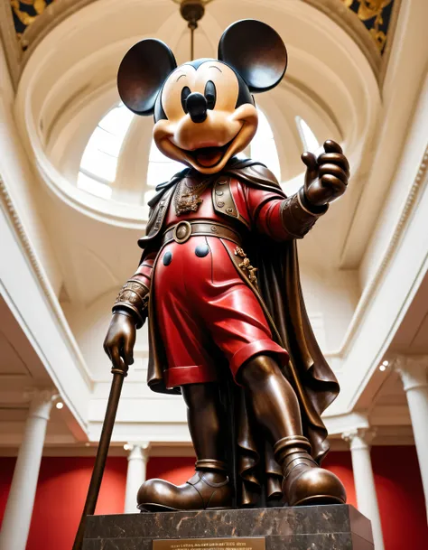 Photo of a statue of mickey-mouse as a (war-god) displayed in a museum low-angle focused professional lighting (detailed highres high quality high saturation film-grain) red