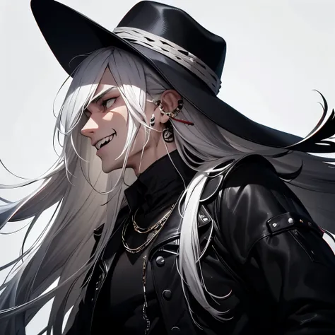 1 man with long, white hair. has black bangs that cover half of his face on the left side, wears an earring in his left ear, wears a black cowboy hat, black eyes, sharp teeth, wears a red bandana around his neck, wears a black leather jacket that is half c...