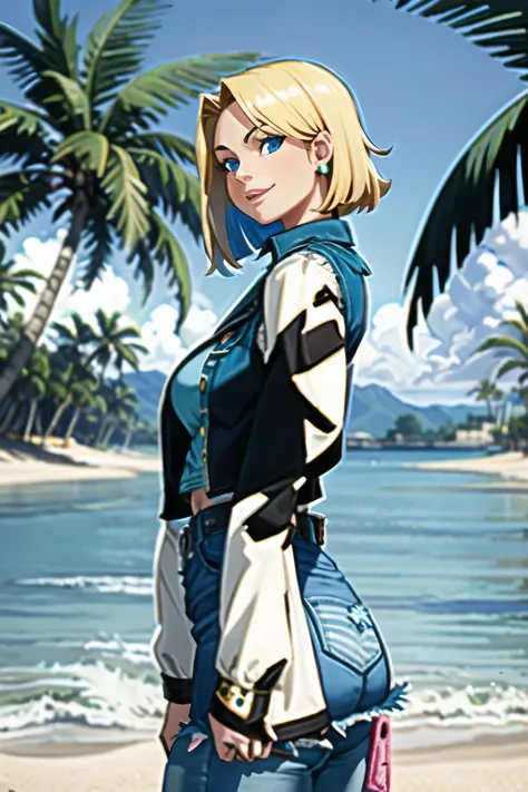 1girl, (solo:1.2), (standing:1.3), (interacting:1.3), (cowboy shot:1.5), (curvy:1.2), smile, happy, at ease, (masterpiece:1.3), (best quality:1.3), (perfect anatomy:1.4), highly detailed, (tropical beach:1.3), palm trees, azure blue water, daylight, summer...