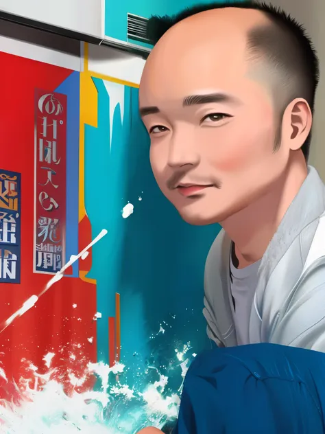 （highest quality、8k、32k、masterpiece）background with colorful paint splatterale、actor、baldness