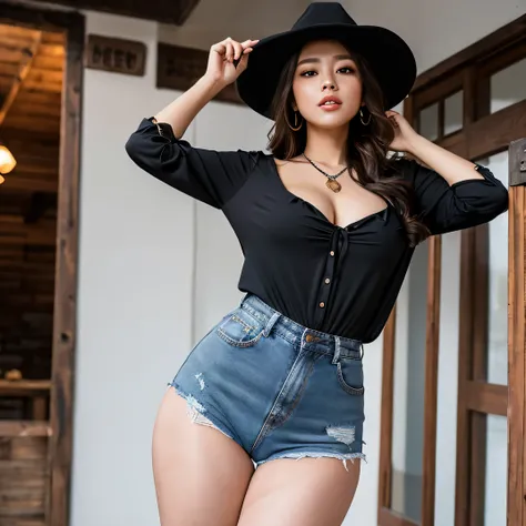 cowgirl woman, sexy, hat, seductive look, wide hips, thick legs, black denim pants, black denim blouse, background stable, realistic, HD