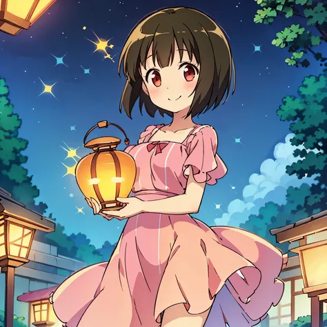 girl with short hair, wearing a classic pink striped dress, holding a glowing lantern in her hands, smiling happily, beautiful n...