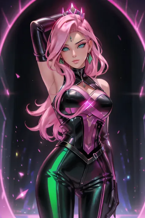 (pink hair: 1.1, green eyes: 1.1, sexy pose: 1.1, singer: 1.1, hair with pink highlights: 1.1, shiny, black leather outfit, powe...