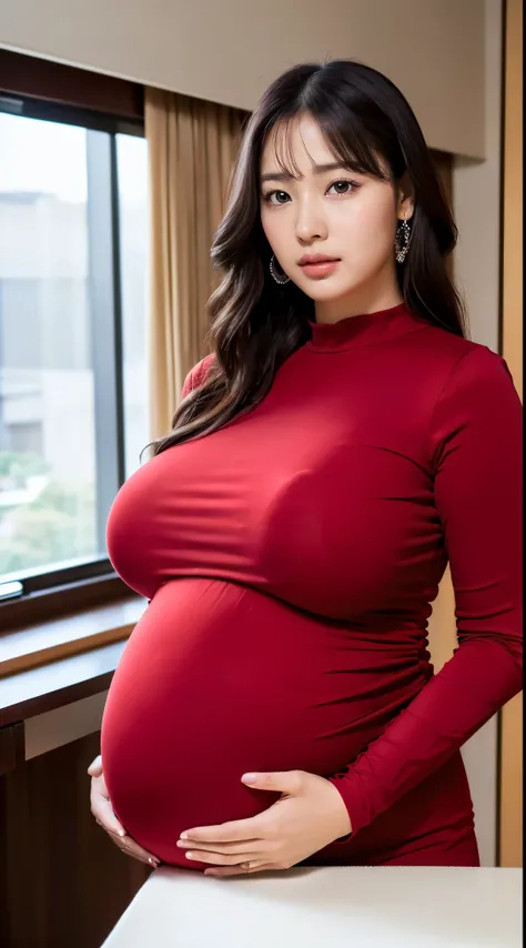 (masutepiece,High quality:1.3),(depth of fields:1.3) ,((front body:1.35)),  Japanese ,woman, glamorous makeup,standard height, (red Long Sleeve Round neck T-shirt Maxi Tight Dress:1.2), (huge breasts:1.5), ((huge pregnant)), thicc, curvy,(Looking at Viewer...