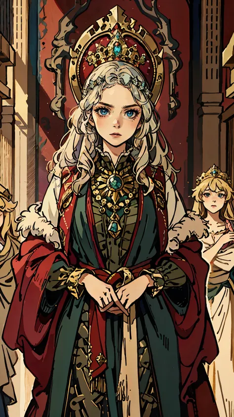 A girl with long golden hair, choppy bangs, Nordic heritage, a petite figure, delicate facial features, pale skin, porcelain skin, an innocent yet determined gaze, she wears an exquisite headband, dressed in a fantasy-style Slavic royal dress, a fur shawl ...